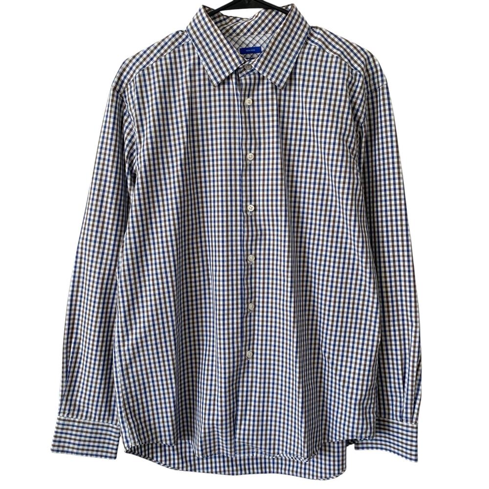 EGARA Men's Non-Iron Button Down Dress Shirt Size Large Cotton Brown Blue Check